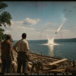 Archival-style illustration of the 1952 Seneca Lake, New York UFO case, showing a bright object striking the lake near three carpenter witnesses