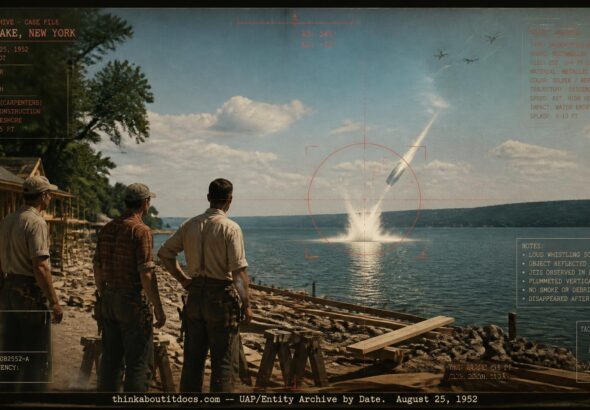 Archival-style illustration of the 1952 Seneca Lake, New York UFO case, showing a bright object striking the lake near three carpenter witnesses
