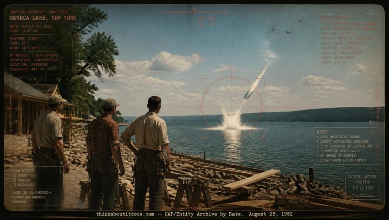 Archival-style illustration of the 1952 Seneca Lake, New York UFO case, showing a bright object striking the lake near three carpenter witnesses