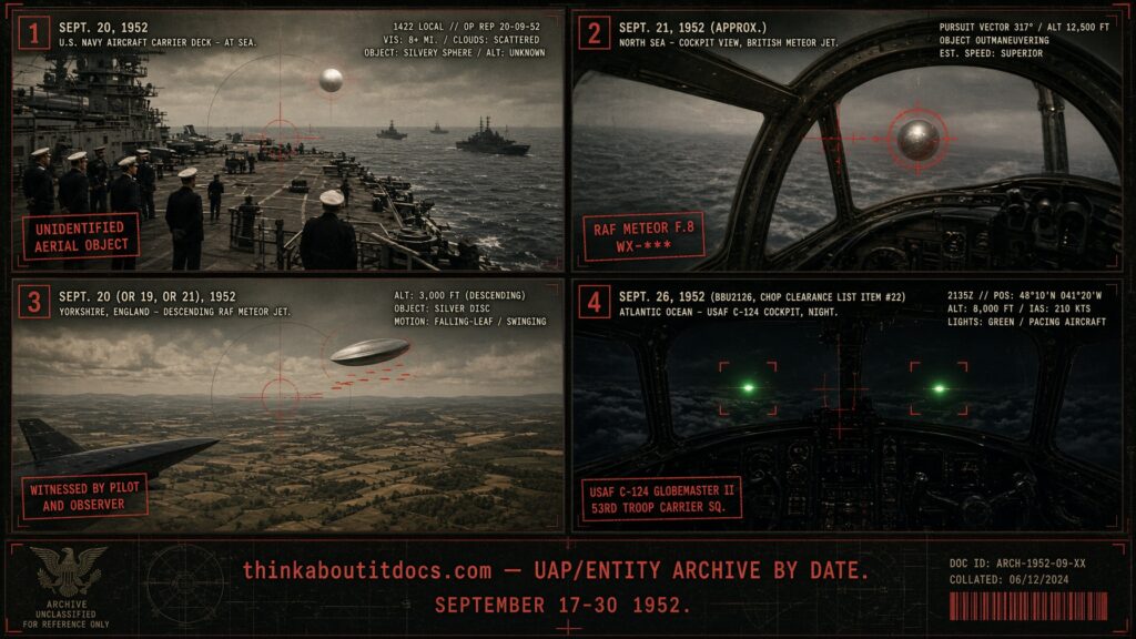 Collage of late September 1952 UFO sightings including Operation Mainbrace radar-visual cases and the Kilburn Topcliffe sighting