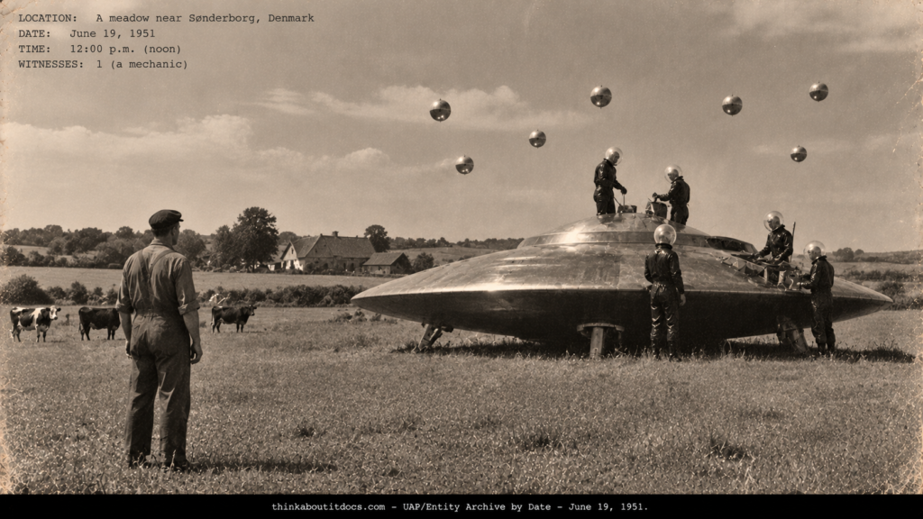 A mechanic standing frozen in a Danish meadow while men in black suits work beside a landed craft, with small objects hovering above, June 1951.
