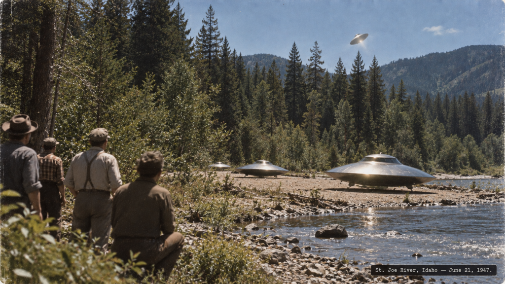 Illustration of silvery disc-shaped objects landing on the St. Joe River, Idaho, watched by witnesses on the shore, June 21, 1947