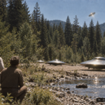 Illustration of silvery disc-shaped objects landing on the St. Joe River, Idaho, watched by witnesses on the shore, June 21, 1947