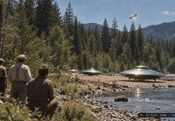 Illustration of silvery disc-shaped objects landing on the St. Joe River, Idaho, watched by witnesses on the shore, June 21, 1947