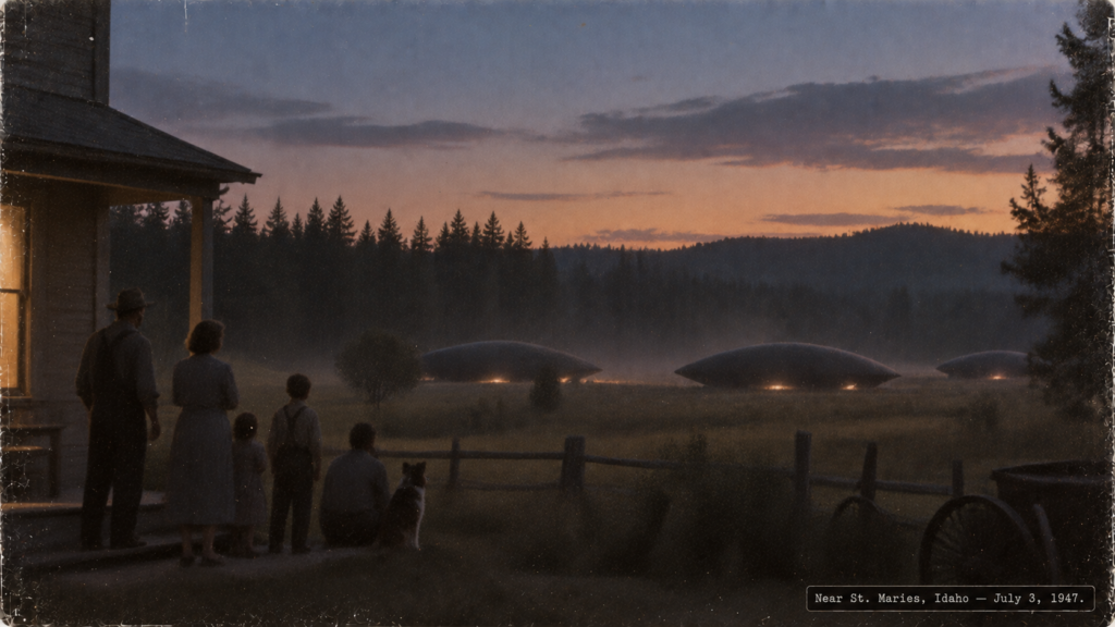 Illustration of large objects landed in a rural field near St. Maries, Idaho, watched by a family at dusk, July 3, 1947