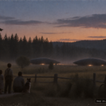 Illustration of large objects landed in a rural field near St. Maries, Idaho, watched by a family at dusk, July 3, 1947