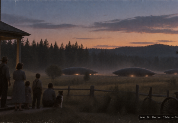 Illustration of large objects landed in a rural field near St. Maries, Idaho, watched by a family at dusk, July 3, 1947