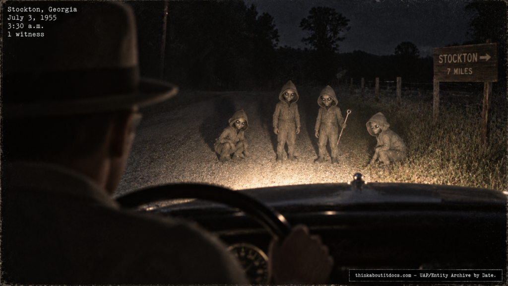 Illustration of the 1955 Stockton Georgia roadside encounter with four small large-eyed humanoid entities