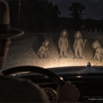 Illustration of the 1955 Stockton Georgia roadside encounter with four small large-eyed humanoid entities