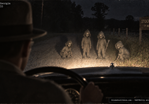 Illustration of the 1955 Stockton Georgia roadside encounter with four small large-eyed humanoid entities