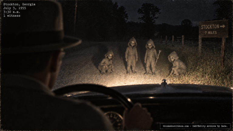 Illustration of the 1955 Stockton Georgia roadside encounter with four small large-eyed humanoid entities