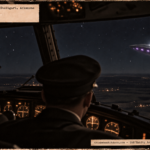 Illustration of a disc with a blinking top light and a ring of purple portholes crossing the path of an airliner over Arkansas at night, March 20, 1950