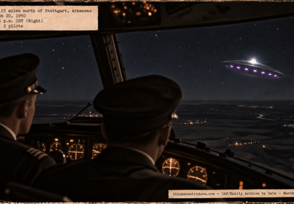 Illustration of a disc with a blinking top light and a ring of purple portholes crossing the path of an airliner over Arkansas at night, March 20, 1950