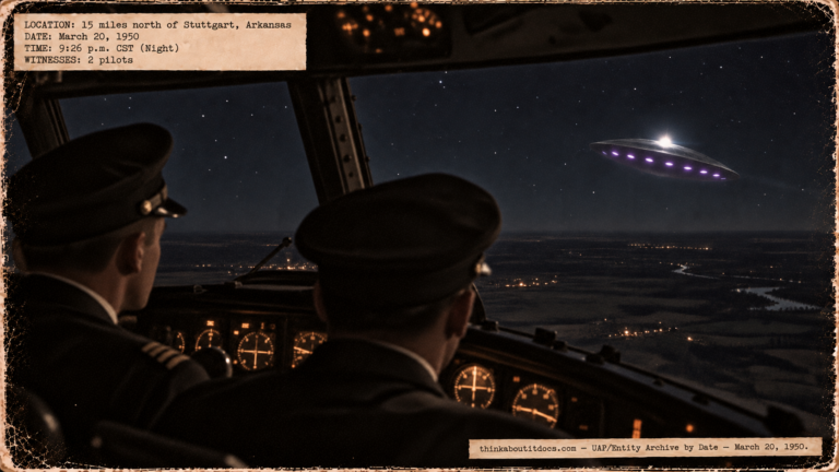 Illustration of a disc with a blinking top light and a ring of purple portholes crossing the path of an airliner over Arkansas at night, March 20, 1950