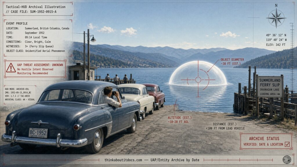 Archival-style illustration of the 1952 Summerland, British Columbia UFO case, showing a translucent dome-shaped object hovering over Okanagan Lake near a ferry line