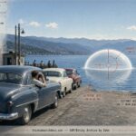 Archival-style illustration of the 1952 Summerland, British Columbia UFO case, showing a translucent dome-shaped object hovering over Okanagan Lake near a ferry line