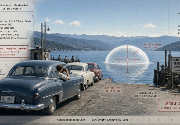 Archival-style illustration of the 1952 Summerland, British Columbia UFO case, showing a translucent dome-shaped object hovering over Okanagan Lake near a ferry line