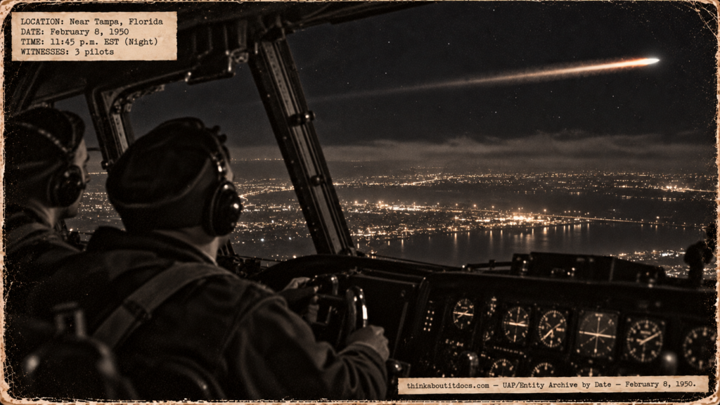 Illustration of a B-29 pilot watching a rocket-like object with a long flame trail cross the night sky above Tampa, Florida, on February 8, 1950