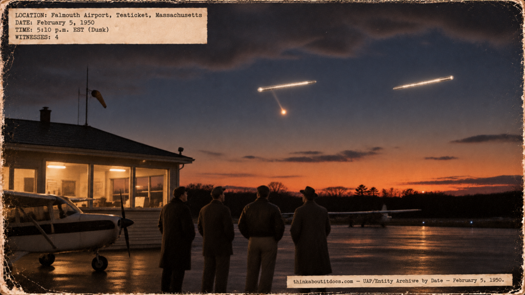 Illustration of four men at Falmouth Airport on Cape Cod watching two bright cylindrical lights, one dropping a fireball, in the western sky at dusk on February 5, 1950