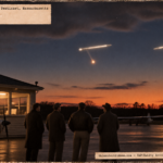 Illustration of four men at Falmouth Airport on Cape Cod watching two bright cylindrical lights, one dropping a fireball, in the western sky at dusk on February 5, 1950