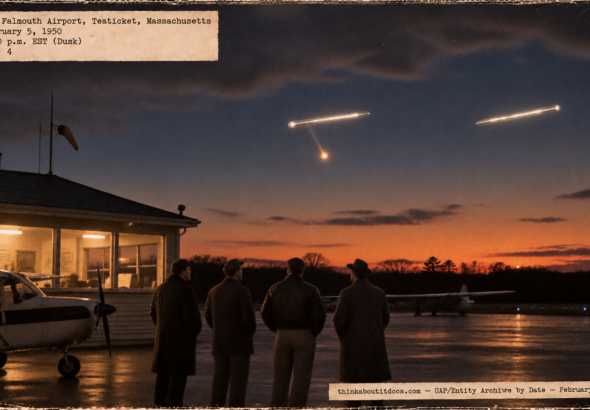 Illustration of four men at Falmouth Airport on Cape Cod watching two bright cylindrical lights, one dropping a fireball, in the western sky at dusk on February 5, 1950