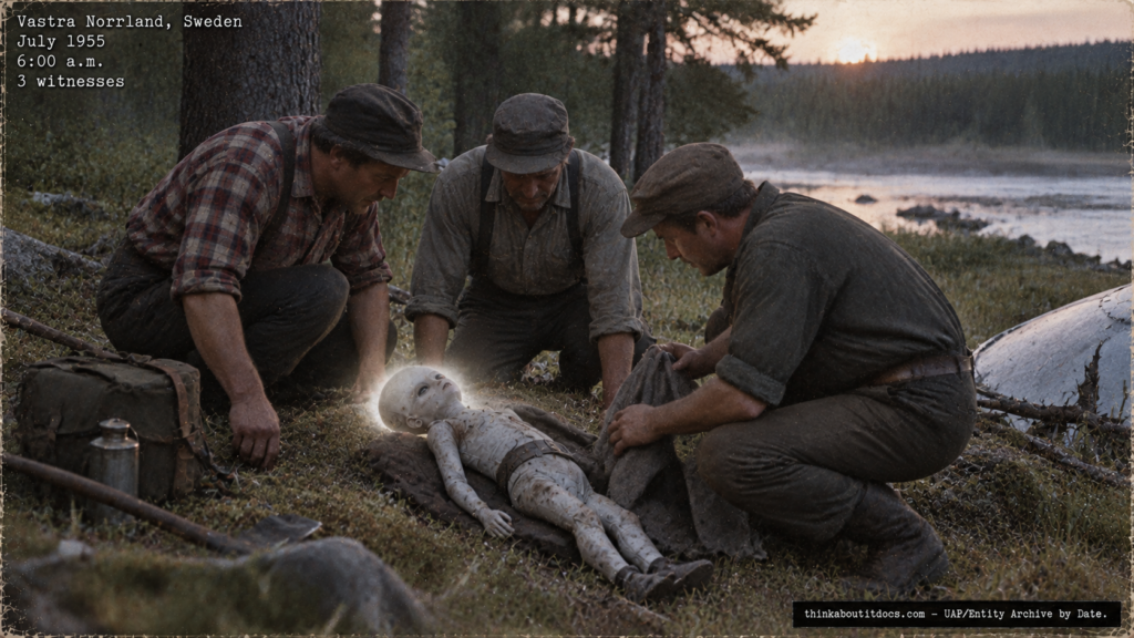 Illustration of the 1955 Vastra Norrland Sweden tabloid story of a crashed UFO and a dying humanoid occupant
