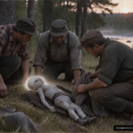Illustration of the 1955 Vastra Norrland Sweden tabloid story of a crashed UFO and a dying humanoid occupant