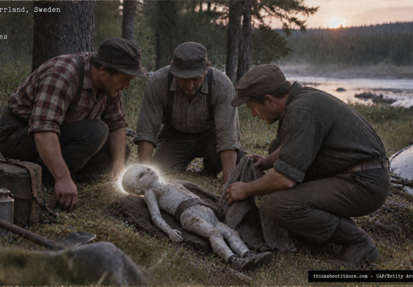 Illustration of the 1955 Vastra Norrland Sweden tabloid story of a crashed UFO and a dying humanoid occupant