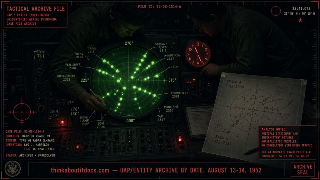 Archival-style illustration of the August 13-14, 1952 Washington DC radar case, showing a scope covered in grease-pencil-plotted stationary targets