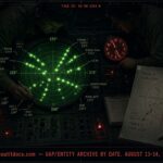 Archival-style illustration of the August 13-14, 1952 Washington DC radar case, showing a scope covered in grease-pencil-plotted stationary targets