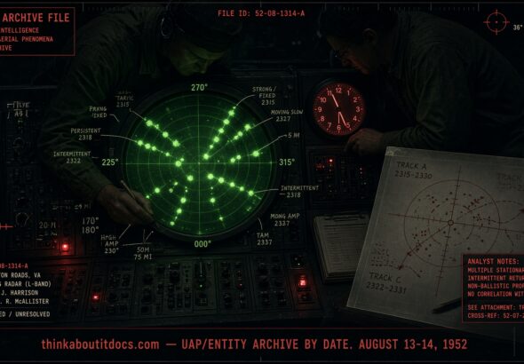 Archival-style illustration of the August 13-14, 1952 Washington DC radar case, showing a scope covered in grease-pencil-plotted stationary targets