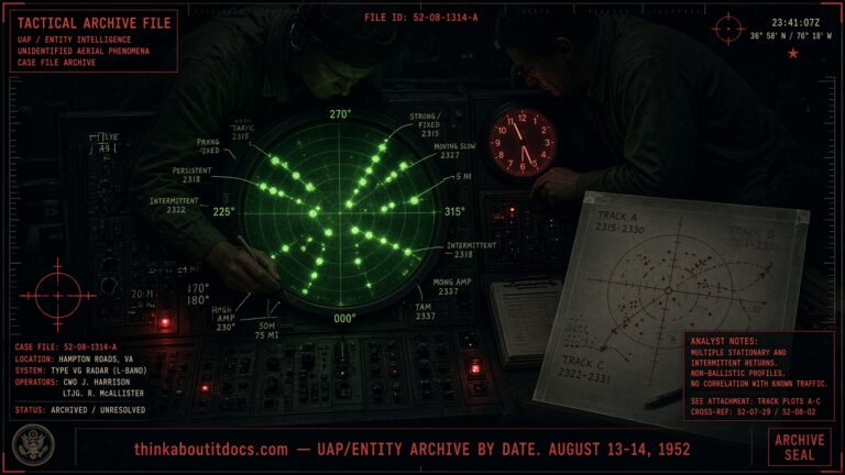 Archival-style illustration of the August 13-14, 1952 Washington DC radar case, showing a scope covered in grease-pencil-plotted stationary targets