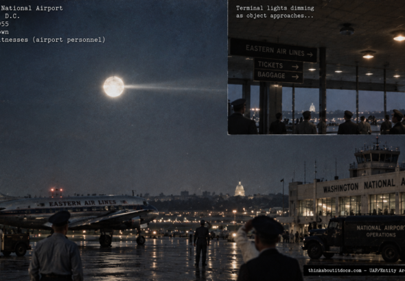 Illustration of the 1955 Washington National Airport UFO sighting correlated with an airport lighting failure