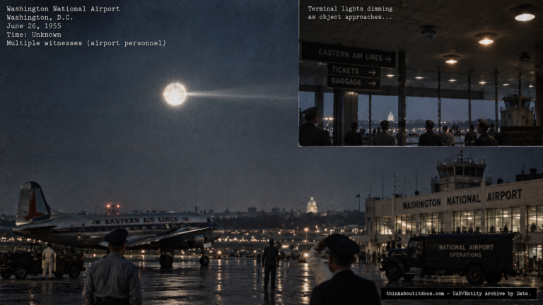 Illustration of the 1955 Washington National Airport UFO sighting correlated with an airport lighting failure