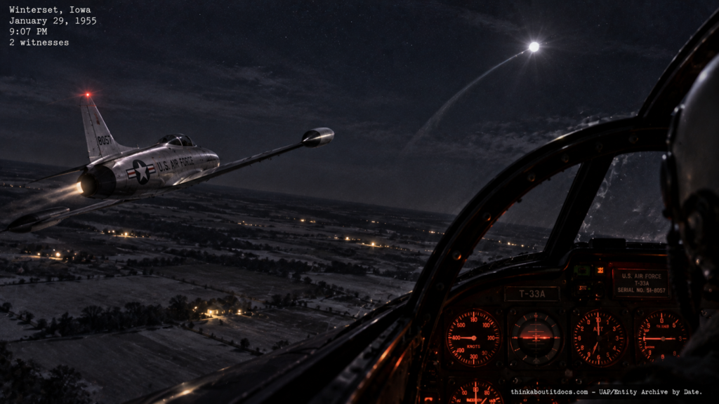 Illustration of the 1955 Winterset, Iowa T-33A jet near-collision and failed pursuit of an unidentified flashing light