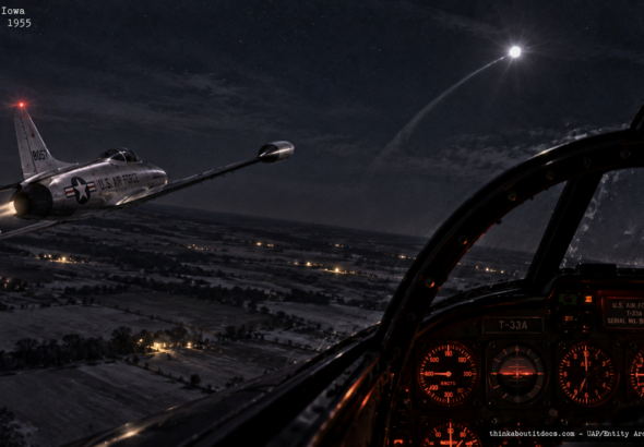 Illustration of the 1955 Winterset, Iowa T-33A jet near-collision and failed pursuit of an unidentified flashing light