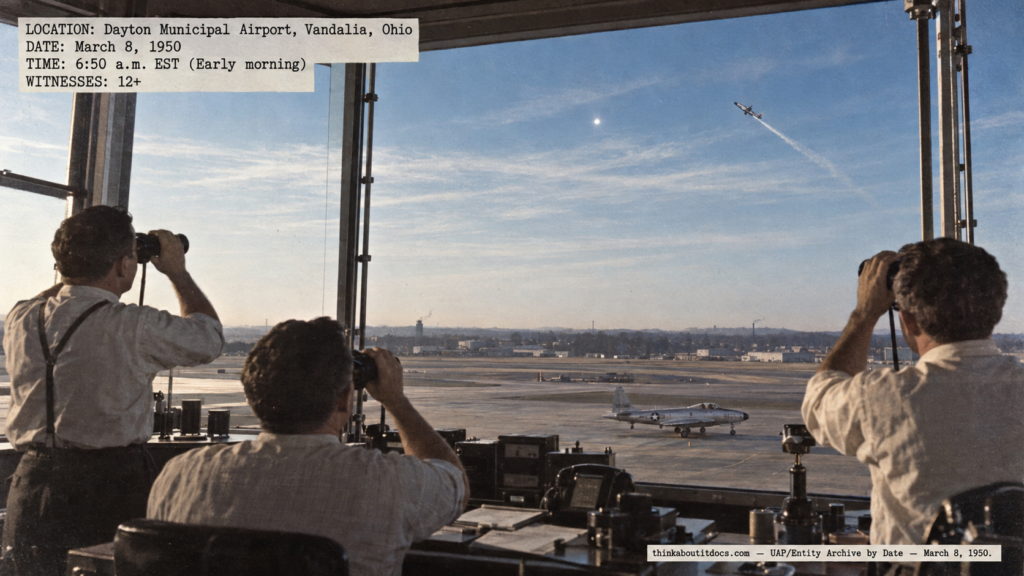 Illustration of airport controllers watching a bright light among cirrus clouds while an F-51 climbs near Dayton, Ohio on March 8, 1950