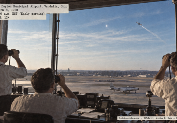 Illustration of airport controllers watching a bright light among cirrus clouds while an F-51 climbs near Dayton, Ohio on March 8, 1950