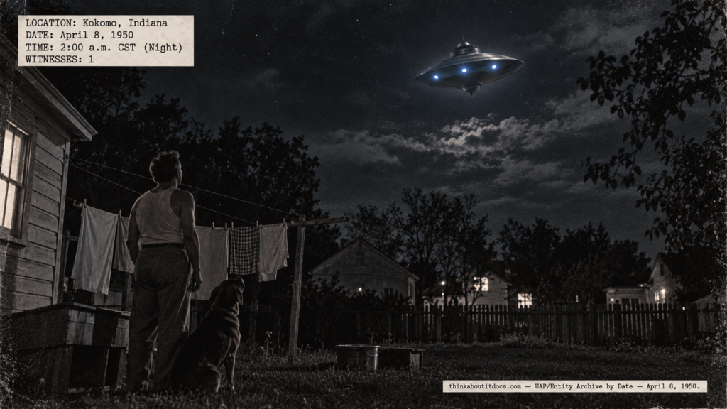 Illustration of a man and his dog looking up at a top-shaped metal disc with a conning tower and three lit portholes hovering over a Kokomo, Indiana backyard on April 8, 1950