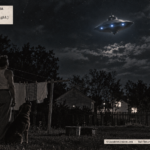 Illustration of a man and his dog looking up at a top-shaped metal disc with a conning tower and three lit portholes hovering over a Kokomo, Indiana backyard on April 8, 1950