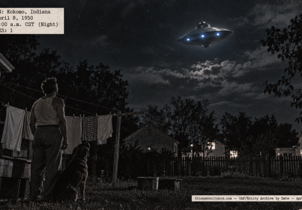 Illustration of a man and his dog looking up at a top-shaped metal disc with a conning tower and three lit portholes hovering over a Kokomo, Indiana backyard on April 8, 1950