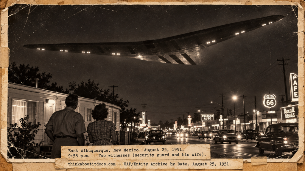 Vintage 1951 press photo style image of a silent swept-back flying wing with glowing lights gliding over a trailer home and Route 66 in Albuquerque
