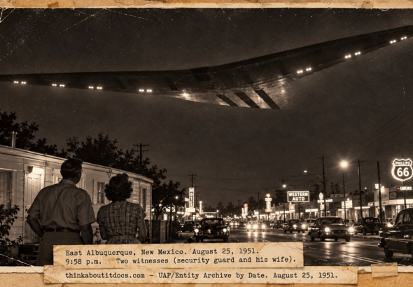 Vintage 1951 press photo style image of a silent swept-back flying wing with glowing lights gliding over a trailer home and Route 66 in Albuquerque