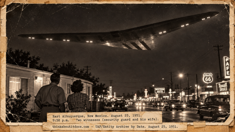 Vintage 1951 press photo style image of a silent swept-back flying wing with glowing lights gliding over a trailer home and Route 66 in Albuquerque