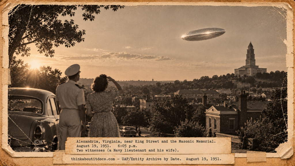 Vintage 1951 press photo style image of a silver football-shaped object gliding over Alexandria Virginia as a Navy officer and his wife look up