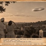 Vintage 1951 press photo style image of a silver football-shaped object gliding over Alexandria Virginia as a Navy officer and his wife look up