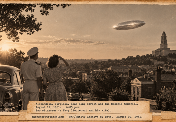 Vintage 1951 press photo style image of a silver football-shaped object gliding over Alexandria Virginia as a Navy officer and his wife look up
