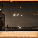 Vintage 1951 press photo style image of an Andrews Air Force Base controller watching bright lights in the night sky while a Capital Airlines DC-4 banks away