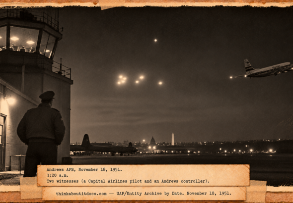 Vintage 1951 press photo style image of an Andrews Air Force Base controller watching bright lights in the night sky while a Capital Airlines DC-4 banks away