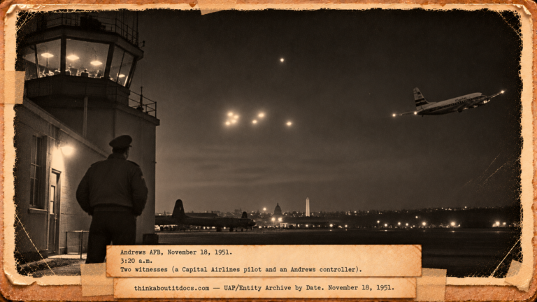 Vintage 1951 press photo style image of an Andrews Air Force Base controller watching bright lights in the night sky while a Capital Airlines DC-4 banks away